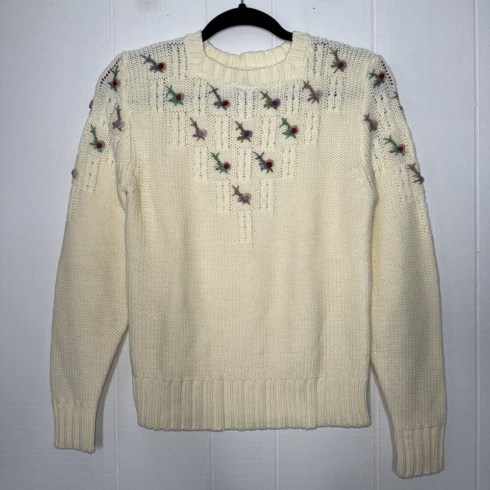 Sears JR Bazaar Vintage Women’s Floral Embroidered Sweater Ivory Cottage Core L